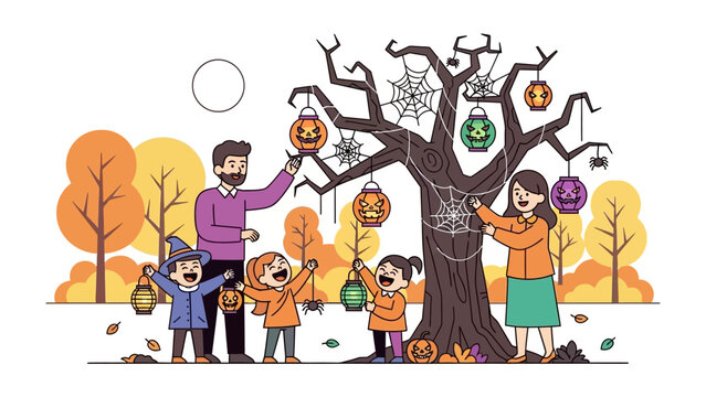 Family Halloween Decoration: A family decorates a spooky tree with Halloween lanterns, surrounded by autumnal foliage and a full moon in a vibrant illustration, celebrating the spirit of the season.