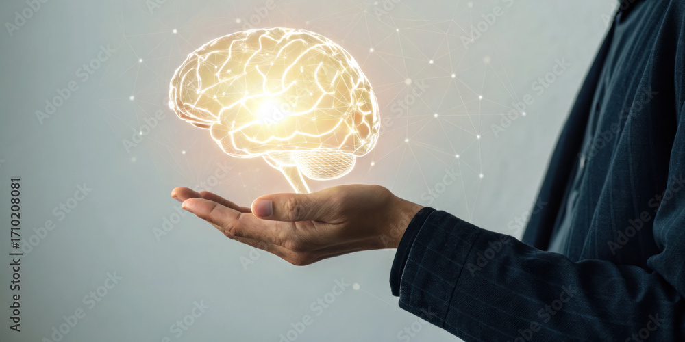 Poster glowing holographic brain icon floating above hand with network connections in background