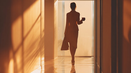 Woman walks down a hallway in silhouette with cup and bag in golden light