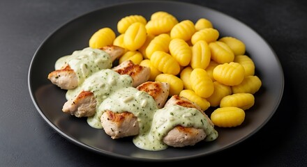 Grilled Chicken with Gnocchi and Pesto Sauce.