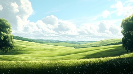 Lush green rolling hills under a bright blue sky with fluffy clouds and distant mountains