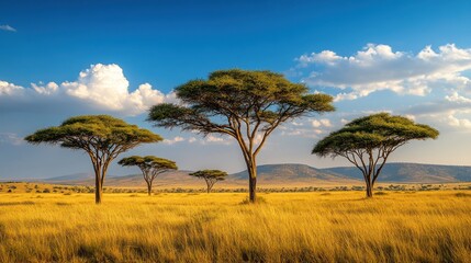 Obraz premium African savanna landscape with acacia trees at sunset. Possible use nature, travel, or background image