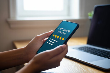 Hands holding smartphone displaying customer review with stars