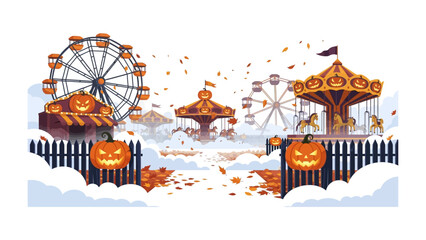 Obraz premium Autumn Carnival: A charming and artistic illustration captures the essence of autumn festivities with iconic amusement park elements like ferris wheels and a carousel.