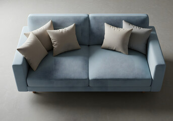 Obraz premium Modern blue sofa with beige pillows minimalist design and comfort