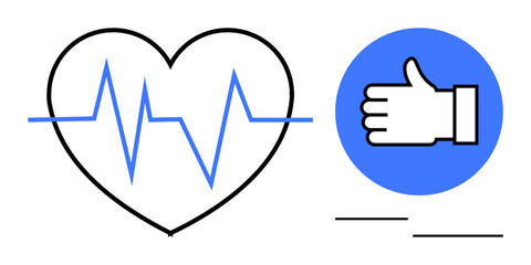 Black heartbeat outline with blue pulse wave next to a thumbs-up sign in a blue circle. Ideal for health, approval, fitness, social media, wellness, positivity, and a simple landing page