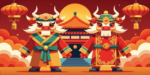 Fototapeta premium Two cartoon ox characters in traditional chinese clothing celebrate lunar new year