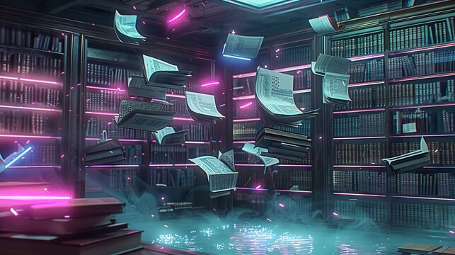 Futuristic office  paper documents transforming into holographic streams with neon lights - Powered by Adobe