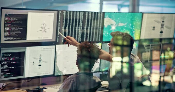 Talk, computer and screen with people in control room to monitor weather, climate change and advice. Back, information and staff with satellite update, study storm pattern and disaster surveillance