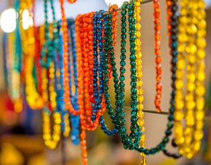 Colorful beaded necklaces in a market