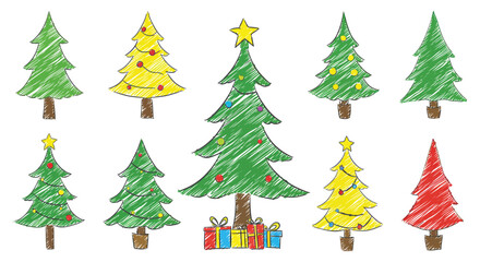 Colorful hand drawn christmas trees with lights and presents illustration