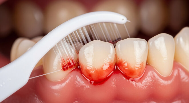 Close up of dental floss cleaning bleeding gums with toothbrush