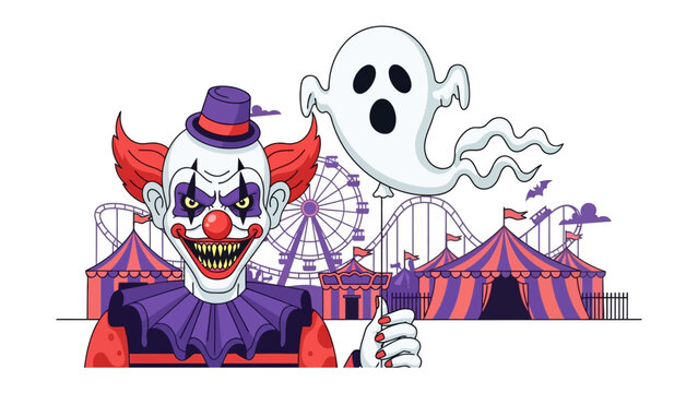 Spooky Carnival: An eerie illustration of a cartoon clown and a ghost against a carnival backdrop, creating a spooky and playful atmosphere. 