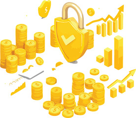 Financial Security and Growth Vector &ndash; Shield with Padlock, Coins, and Charts Symbolizing Investment Protection and Prosperity