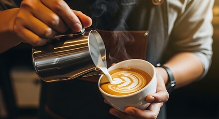 Barista pouring milk art into a latte.