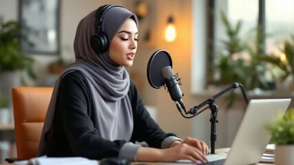 Woman recording podcast