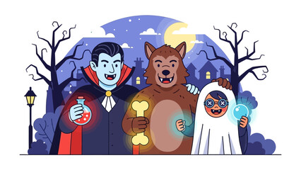 Naklejka premium Halloween's Thrilling Trio: A festive illustration captures the excitement of Halloween with three iconic characters: a vampire, werewolf, and a ghost, against a spooky night sky backdrop.