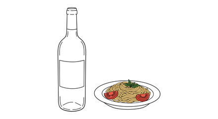 A simple sketch depicting a wine bottle and a plate of pasta