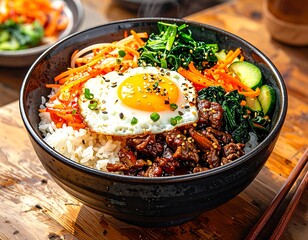 Colorful bibimbap bowl with rice, meat, egg, and vegetables
