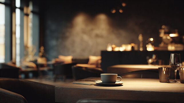 カフェのテーブルに置かれたコーヒーカップとキャンドルのある夜の雰囲気
