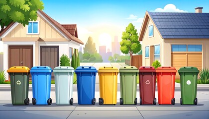 Colorful bins lined up on a residential street