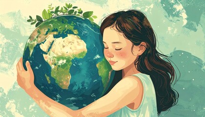 girl holding globe. child hugging the planet