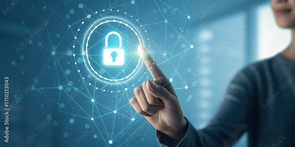 Poster cybersecurity concept with person pointing finger at floating lock icon and network connections