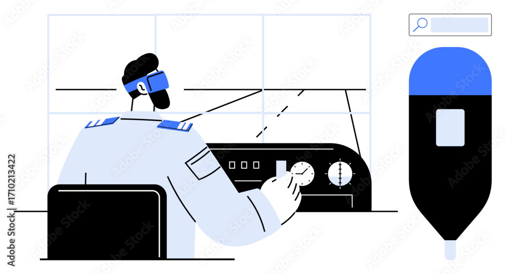 Poster pilot wearing a uniform adjusts controls on a dashboard in a cockpit with a large window, accompanie