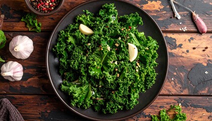 A vibrant, close-up shot of a black plate filled with sauteed green leafy greens, garlic cloves, and seasoning atop a dark wooden surface
