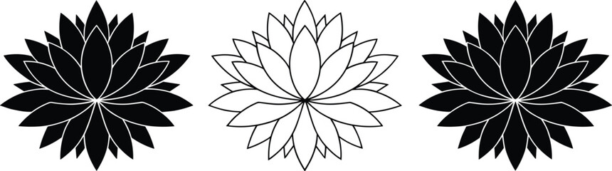 Black and white symmetrical lotus flower design, floral mandala pattern, minimal vector art, decorative petal motif, abstract geometric ornament