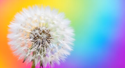 Close-up of a dandelion seed head against a vibrant rainbow background.
