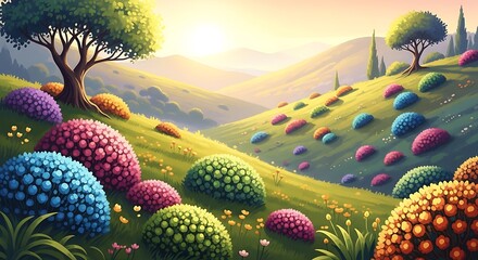 Colorful Hillside Landscape with Plants.