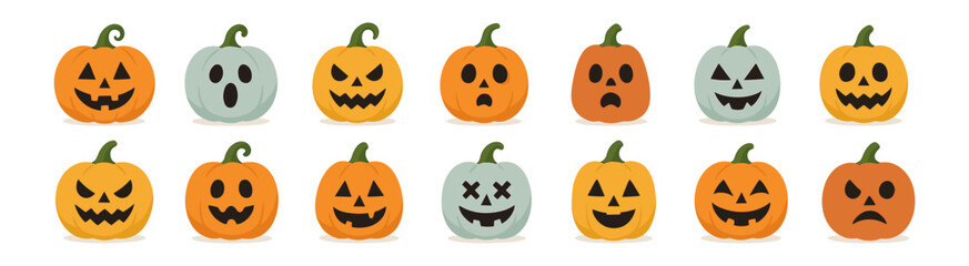 Flat halloween pumpkins with various faces on white background