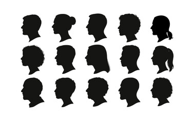 Diverse human silhouettes in profile view showcasing varied hairstyles and genders