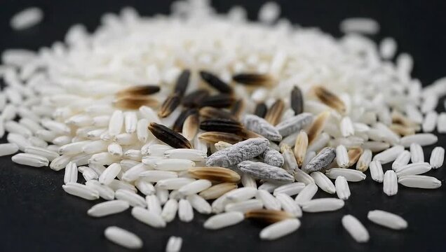 Raw Mixed Rice Grains Intricate Macro Closeup Revealing Pristine White, Black, Brown, and Imperfect Discolored Varieties