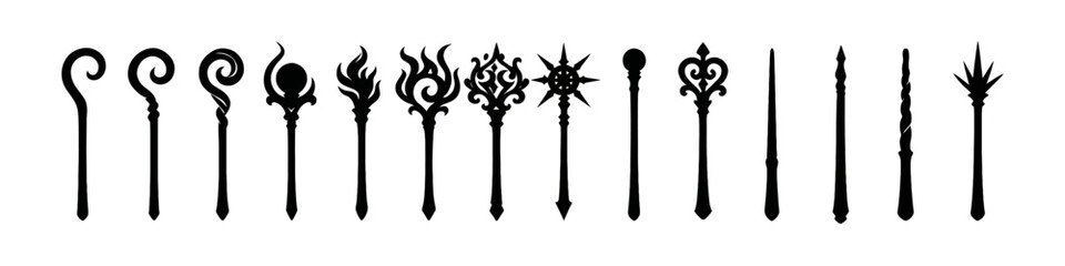 Collection of magic wands in bold silhouette style for fantasy themes