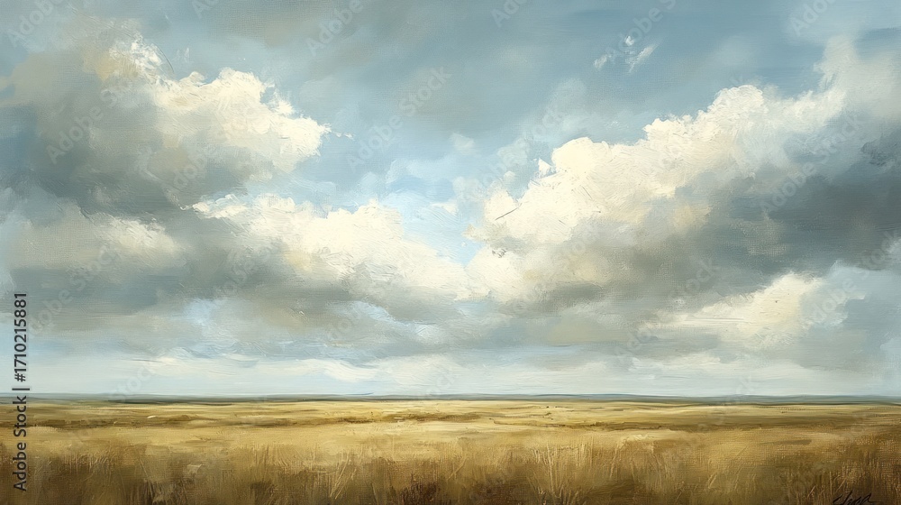 Aufkleber panoramic view of a golden field under a cloudy sky. possible use nature backdrop for advertisements
