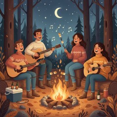 Friends gather around a campfire playing guitars and roasting marshmallows under the night sky
