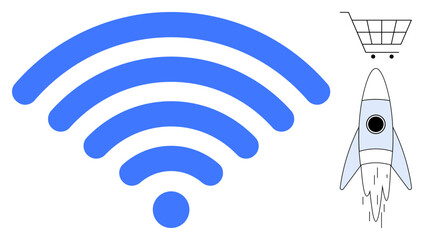 Blue wireless signal, rocket symbolizing growth, and shopping cart combining online retail and technology. Ideal for e-commerce, connectivity, innovation, start-up growth, online shopping