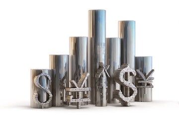 Dynamic metallic currency symbols like dollar and yen rise against a backdrop of sleek, modern financial growth bars and economic charts
