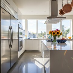 Modern kitchen with stainless steel appliances sunlit countertops and a vibrant sunflower bouquet