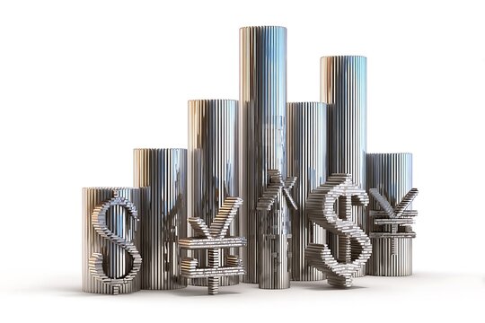 Dynamic metallic currency symbols like dollar and yen rise against a backdrop of sleek, modern financial growth bars and economic charts - Powered by Adobe