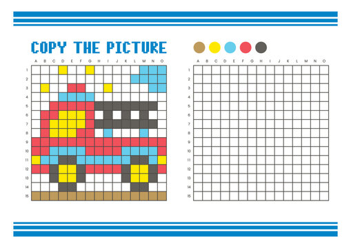 Copy the picture grid drawing worksheet for kids. Pixel art fire truck