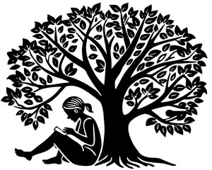 Person Reading Book Under Tree Silhouette, Relaxing Outdoors SVG, PNG