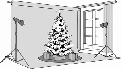 Fototapeta premium Studio Setup with Christmas Tree and Lighting Equipment for Holiday Photography.