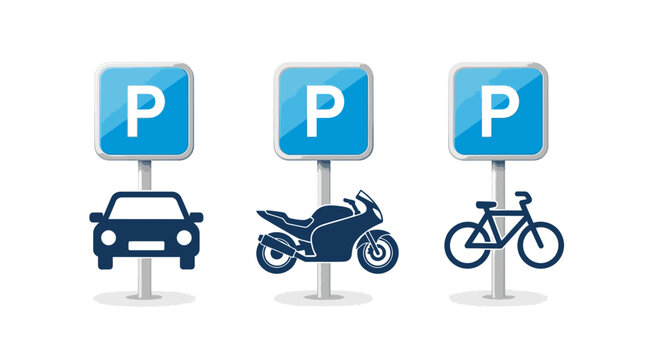 Illustrated set of blue parking signs indicating designated areas for cars, motorcycles, and bicycles