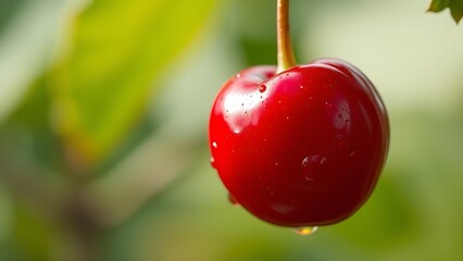 A close-up of a ripe cherry with water droplets, vibrant red against a softly blurred background.