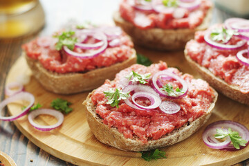 Traditional German sandwiches with minced meat Mettbroetchen