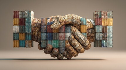 Obraz premium Import-export collaboration, handshake made of shipping containers, 3D illustration.