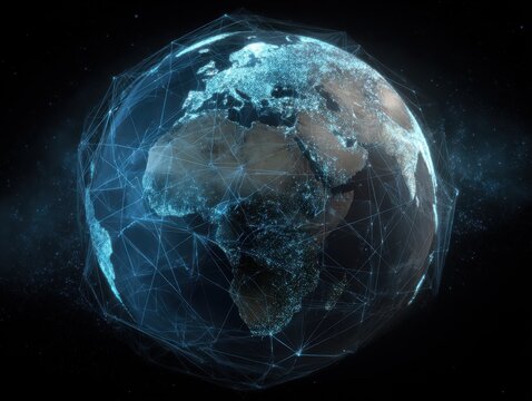 a stylized representation of the earth. showcasing a network of interconnected lines and nodes that symbolize global connectivity and technology the blue and black color scheme. - Powered by Adobe